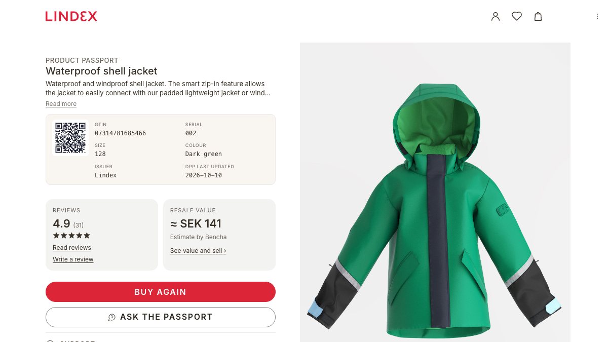 Digital Product Passport for a Lindex waterproof shell jacket with GTIN, serial number and QR code, published with DPP Agent