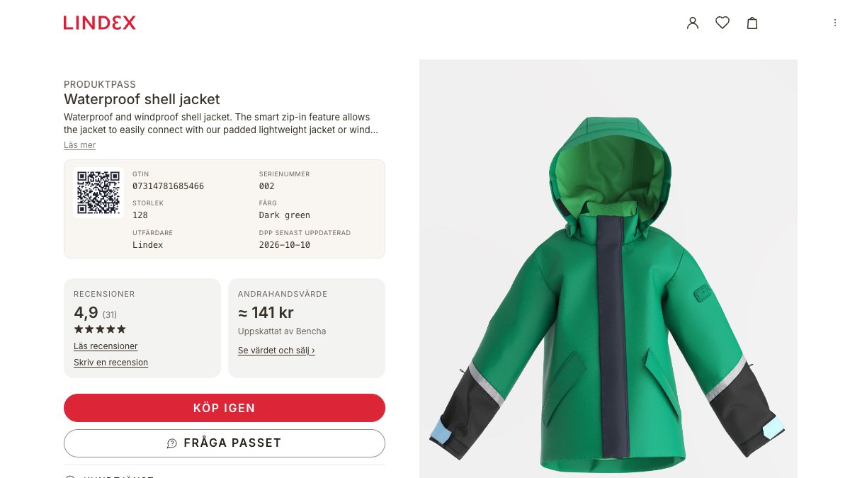 Digitalt produktpass för en vattentät skaljacka från Lindex med GTIN, serienummer och QR-kod, publicerat med DPP Agent