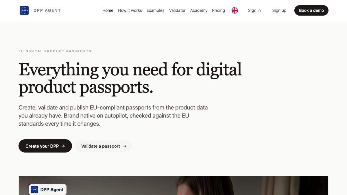 The dppagent.com start page, DPP Agent’s platform for Digital Product Passports