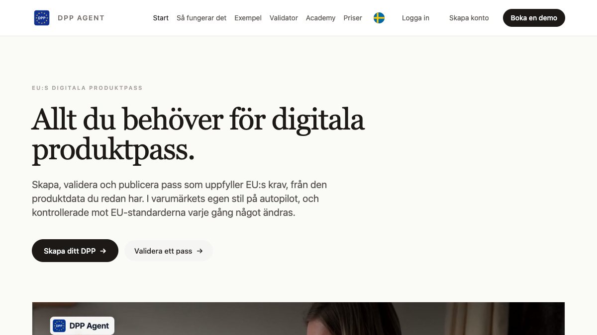 Startsidan på dppagent.com, DPP Agents plattform för digitala produktpass