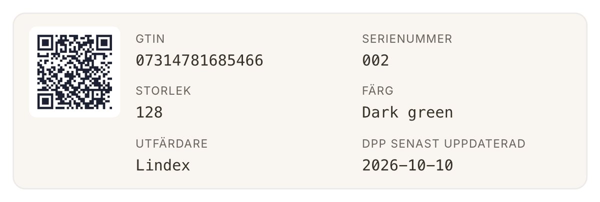 Produktpassets identifierare: QR-kod med GS1 Digital Link, GTIN 07314781685466 och serienummer 002