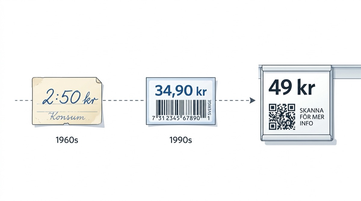 Evolution från handskriven prislapp till EAN streckkod och QR-kod på en produkt