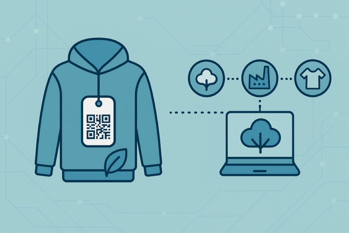 Illustration showing a fashion supply chain flow from cotton field to manufacturing to finished garment, highlighting digital product passport tracking