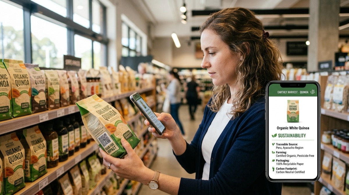 QR-kod med GS1 Digital Link på en produkt som skannas med smartphone i butik